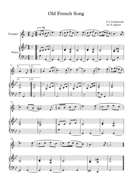 Old French Song Peter Ilyich Tchaikovsky For Trumpet Piano Sheet Music