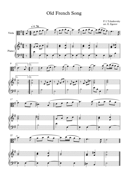 Old French Song Peter Ilyich Tchaikovsky For Viola Piano Sheet Music