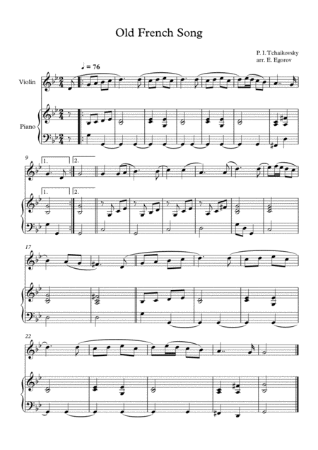 Old French Song Peter Ilyich Tchaikovsky For Violin Piano Sheet Music