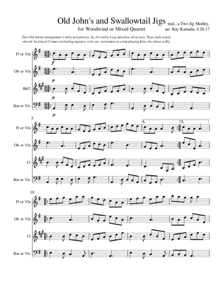 Free Sheet Music Old Johns And Swallowtail Irish Jigs For Woodwind Or Mixed Quartet