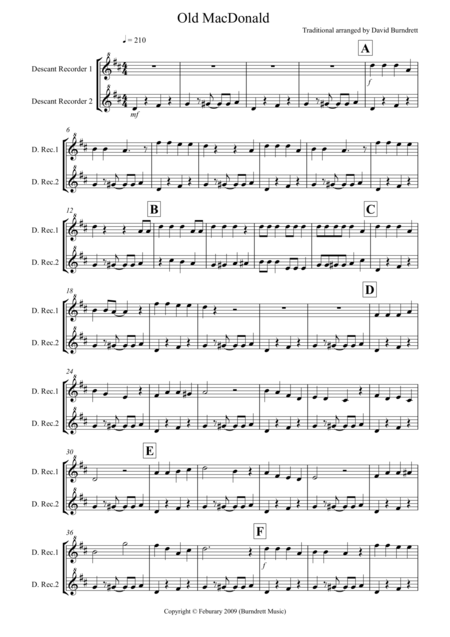 Free Sheet Music Old Macdonald For Descant Recorder Duet