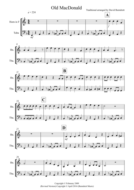 Old Macdonald For French Horn And Tuba Duet Sheet Music