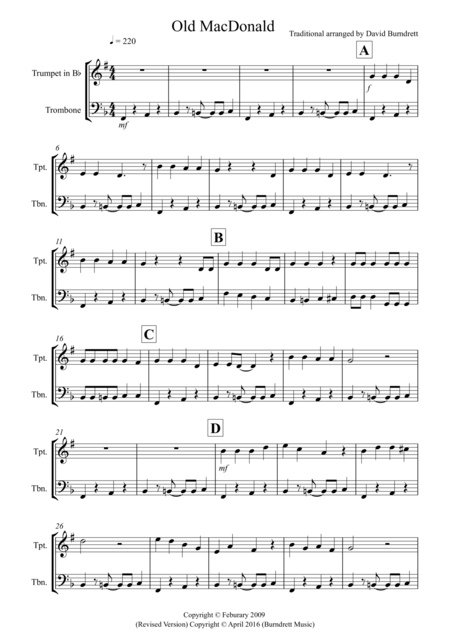 Free Sheet Music Old Macdonald For Trumpet And Trombone Duet
