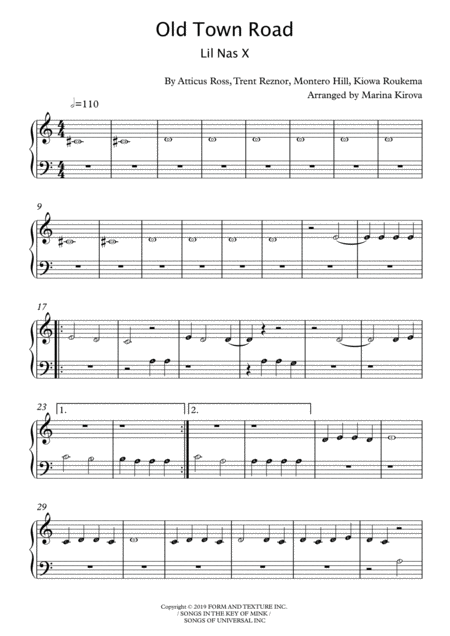 Old Town Road Beginner Piano With Note Names In Easy To Read Format Sheet Music