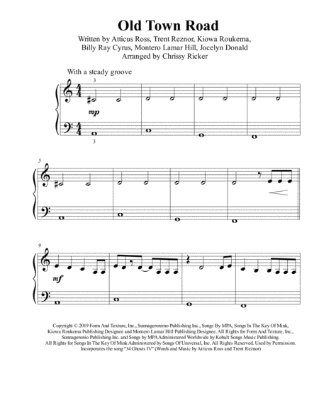 Free Sheet Music Old Town Road Remix Beginner Big Note Piano