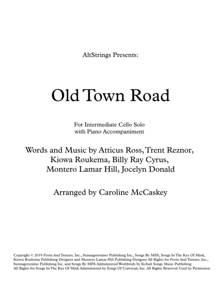 Old Town Road Remix For Intermediate Cello Solo With Piano Accompaniment Sheet Music