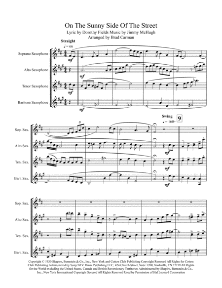 On The Sunny Side Of The Street For Satb Saxophone Quartet Sheet Music