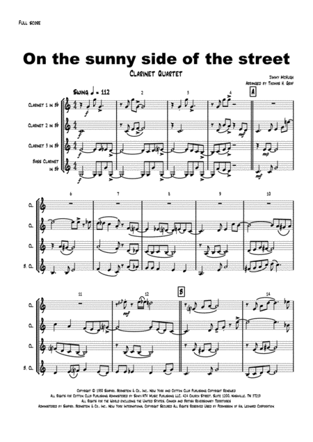 Free Sheet Music On The Sunny Side Of The Street Jazz Classic Clarinet Quartet