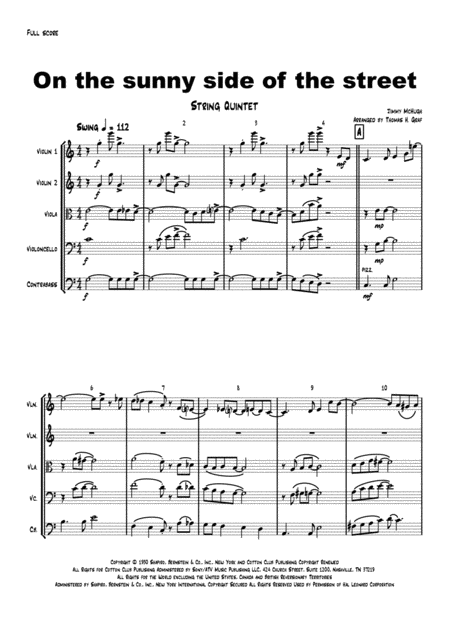 On The Sunny Side Of The Street Jazz Classic String Quintet Sheet Music