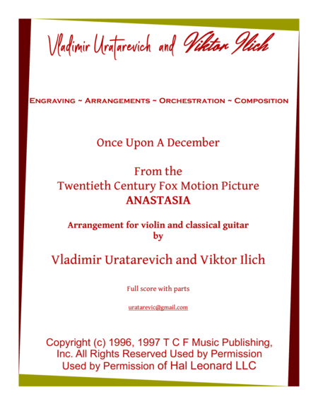 Once Upon A December From The Twentieth Century Fox Motion Picture Anastasia For Violin And Classical Guitar Sheet Music