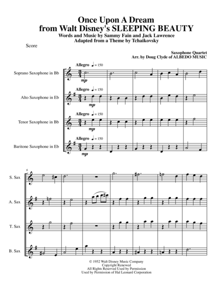 Free Sheet Music Once Upon A Dream From Walt Disneys Sleeping Beauty For Saxophone Quartet