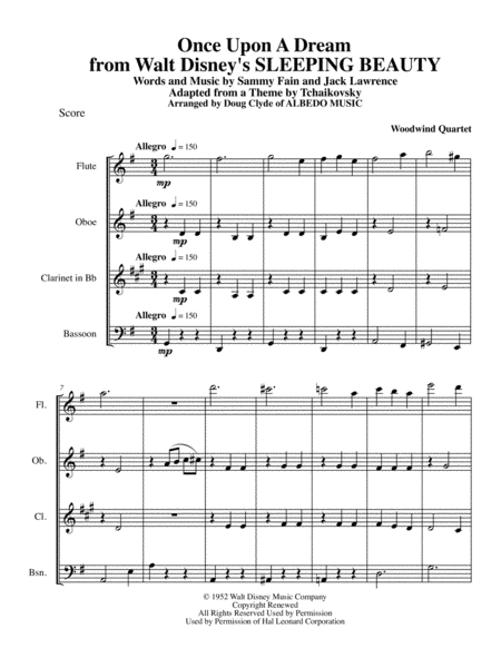 Once Upon A Dream From Walt Disneys Sleeping Beauty For Woodwind Quartet Sheet Music