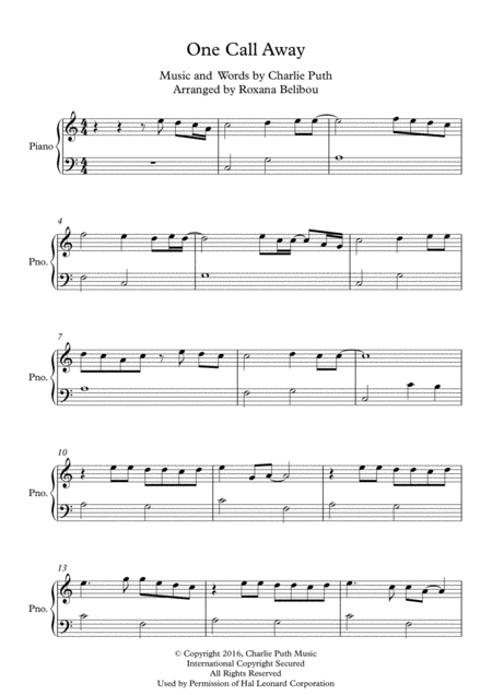 One Call Away C Major By Charlie Puth Easy Piano Sheet Music