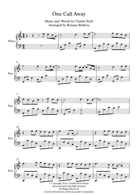 Free Sheet Music One Call Away C Major By Charlie Puth Piano