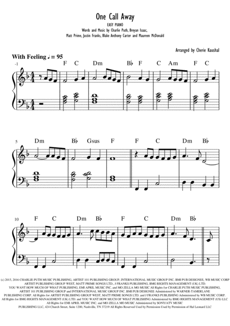 One Call Away For Easy Piano Key F Sheet Music