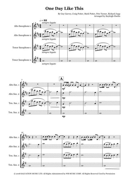 One Day Like This By Elbow Saxophone Quartet Aatt Sheet Music