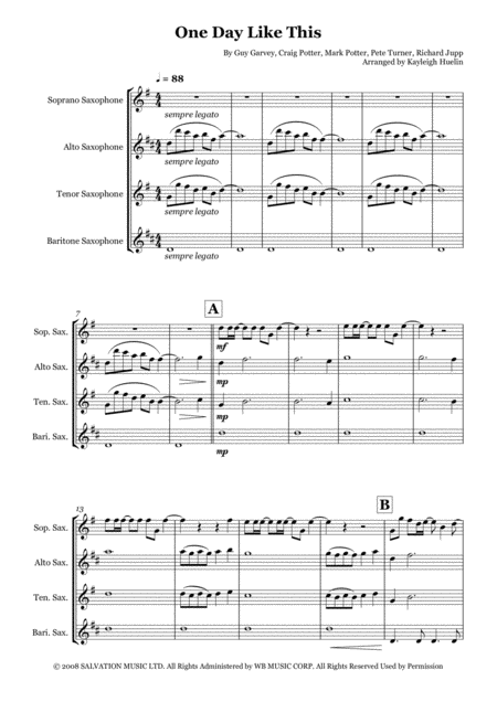 One Day Like This By Elbow Saxophone Quartet Satb Sheet Music
