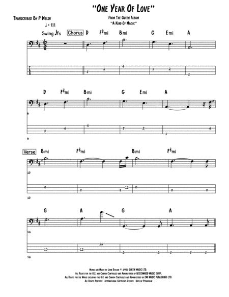 One Year Of Love Bass Guitar Tab Sheet Music