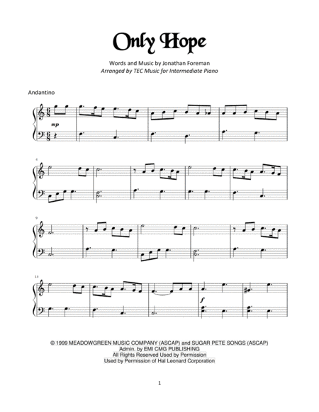 Only Hope For Piano Sheet Music