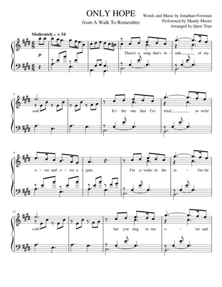 Only Hope From A Walk To Remember For Advanced Piano Solo Sheet Music