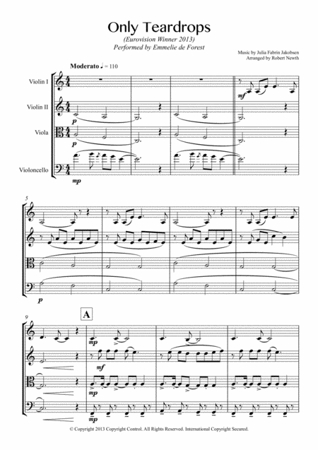 Only Teardrops For String Quartet Sheet Music