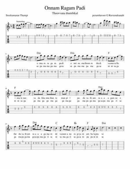 Onnam Raagam Padi Sheet Music With Guitar Tabs Chords Lyrics And Sarigama Notes Sheet Music