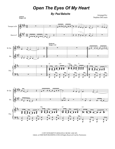 Open The Eyes Of My Heart Duet For Bb Trumpet And French Horn Sheet Music