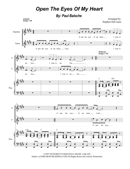 Free Sheet Music Open The Eyes Of My Heart Duet For Soprano Tenor Solo