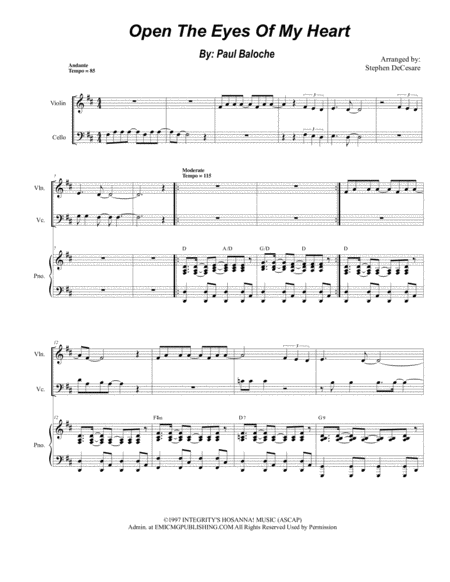 Open The Eyes Of My Heart Duet For Violin And Cello Sheet Music