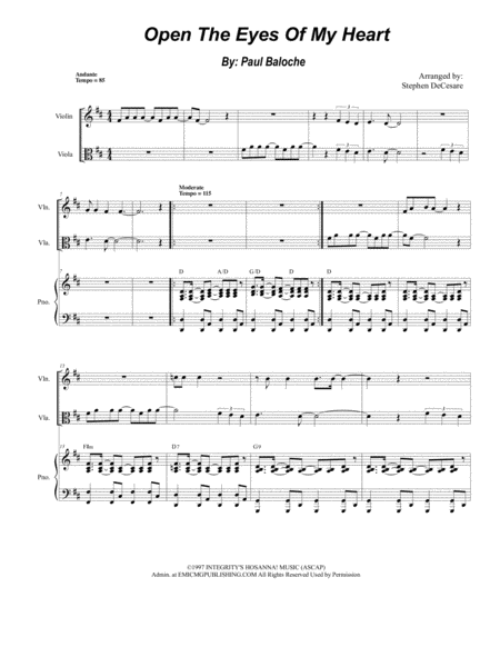 Free Sheet Music Open The Eyes Of My Heart Duet For Violin And Viola