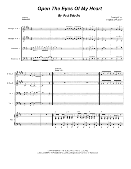 Open The Eyes Of My Heart For Brass Quartet And Piano Alternate Version Sheet Music