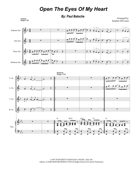 Free Sheet Music Open The Eyes Of My Heart For Saxophone Quartet And Piano