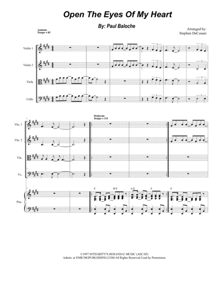 Free Sheet Music Open The Eyes Of My Heart For String Quartet And Piano