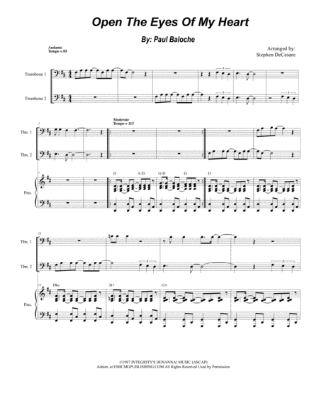 Open The Eyes Of My Heart Trombone Duet Sheet Music