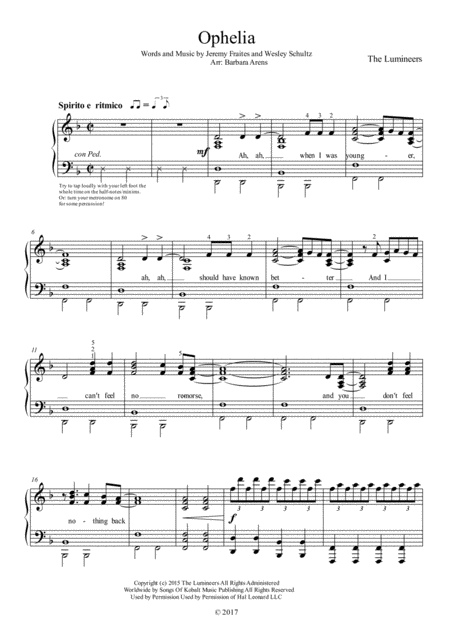 Free Sheet Music Ophelia Fun To Play Version Of The Lumineers Song With Lyrics