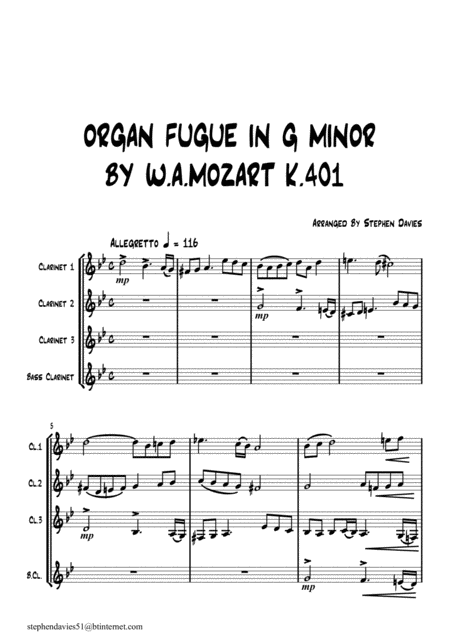 Free Sheet Music Organ Fugue In G Minor By W A Mozart K 401 For Clarinet Quartet