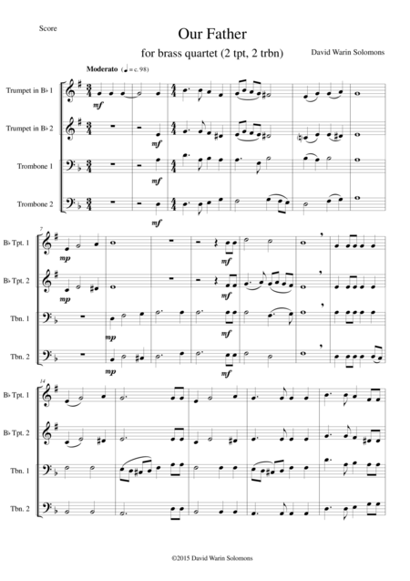 Our Father For Brass Quartet 2 Tpt And 2 Trbn Sheet Music