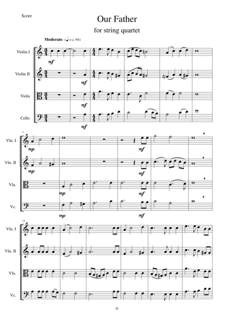 Our Father For String Quartet Sheet Music