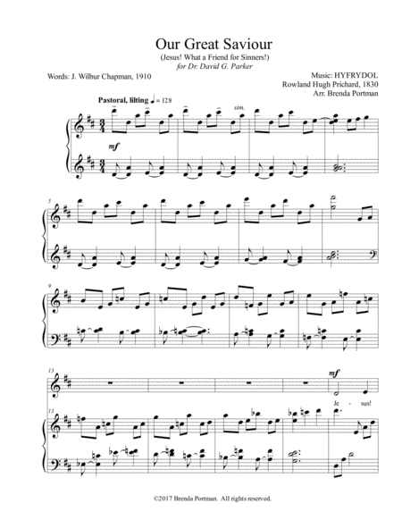 Free Sheet Music Our Great Saviour Hyfrydol Medium Low Voice Arr Brenda Portman