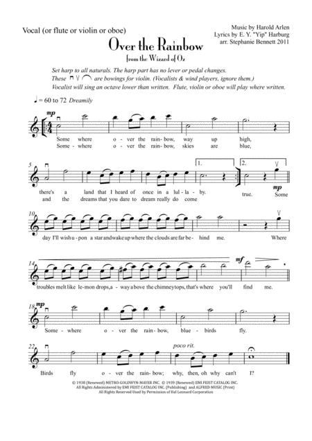 Over The Rainbow From The Wizard Of Oz Easy Duet For Harp And Vocal Or Flute Violin Or Oboe Sheet Music