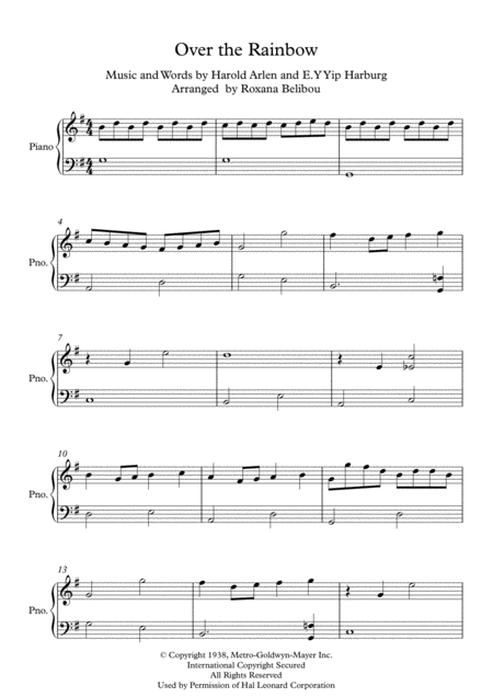 Over The Rainbow From The Wizard Of Oz Easy Piano Sheet Music