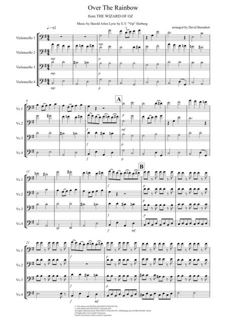 Over The Rainbow From The Wizard Of Oz For Cello Quartet Sheet Music