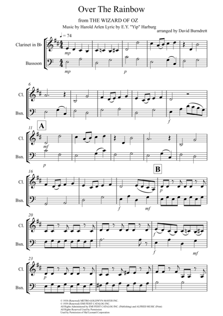 Over The Rainbow From The Wizard Of Oz For Clarinet And Bassoon Duet Sheet Music