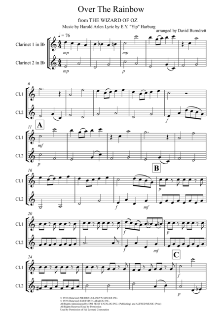 Over The Rainbow From The Wizard Of Oz For Clarinet Duet Sheet Music