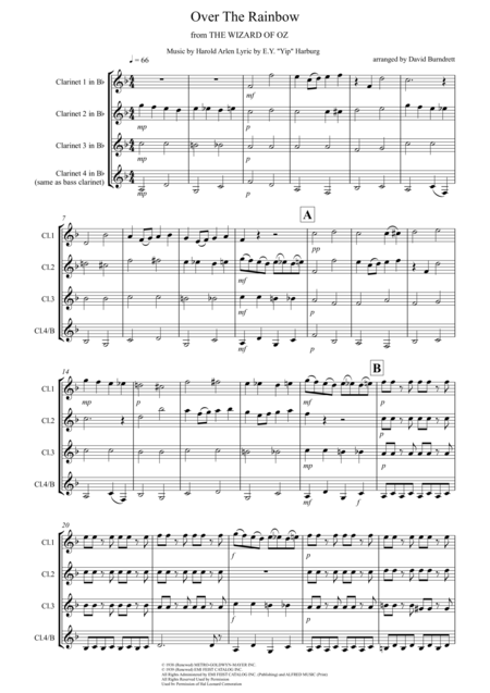 Over The Rainbow From The Wizard Of Oz For Clarinet Quartet Sheet Music