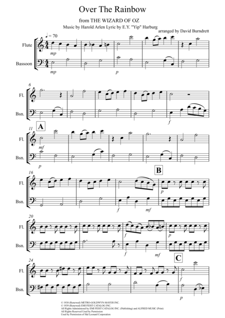 Over The Rainbow From The Wizard Of Oz For Flute And Bassoon Duet Sheet Music