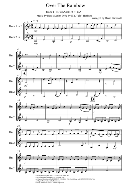 Over The Rainbow From The Wizard Of Oz For French Horn Duet Sheet Music