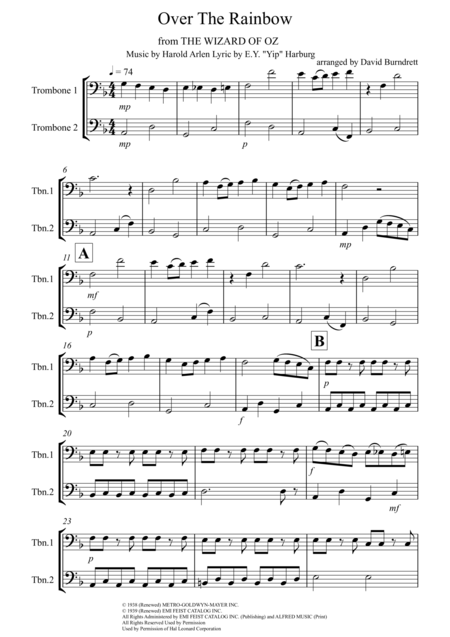 Over The Rainbow From The Wizard Of Oz For Trombone Duet Sheet Music