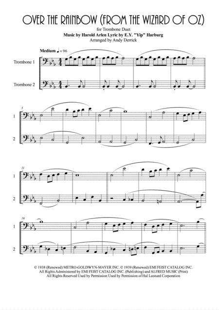 Over The Rainbow From The Wizard Of Oz For Trombone Or Euphonium Duet Sheet Music