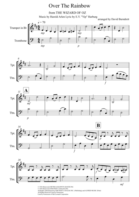 Over The Rainbow From The Wizard Of Oz For Trumpet And Trombone Duet Sheet Music